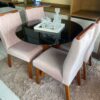 Conjunto Mesa de Jantar Redonda Ibiza 100 x 100 Com 4 Cadeiras Lisboa Veludo Rose - Tampo Preto - Art