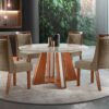 Mesa de Jantar Redonda Rubi com 4 Cadeiras Eldora - Castanho / Suede Capuccino com Tampo de Vidro 110 x 110cm - LJM
