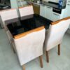 Conjunto Mesa de Jantar Quadrada 90 x 90 Lisboa Com 4 Cadeiras Veludo Rose - Tampo Preto - Art