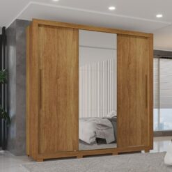 Guarda-Roupa Casal Panamá 3 Portas de Correr com pés 1 Espelho - Cinamomo - Sallêto
