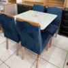 Conjunto Mesa de Jantar Quadrada 90 x 90 Lisboa Com 4 Cadeiras Veludo Azul - Tampo Off White - Art