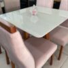 Conjunto Mesa de Jantar Quadrada 90 x 90 Lisboa Com 4 Cadeiras Veludo Rose - Tampo Off/White - Art