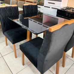 Conjunto Mesa de Jantar Quadrada 90 x 90 Lisboa Com 4 Cadeiras Veludo Preto - Tampo Preto - Art