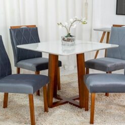 Conjunto Mesa de Jantar Quadrada 90 x 90 Lisboa Com 4 Cadeiras Veludo Cinza - Tampo Off White - Art