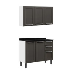 Kit Cozinha 2 peças Florença com 6 portas -  Armário Aéreo 3 Portas e Balcão - Branco/Grafite - Itatiaia