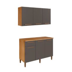 Kit Cozinha 2 peças Cristal Titanium Armário Aéreo 3 portas e Balcão - Cinamomo/Grafite - ATM