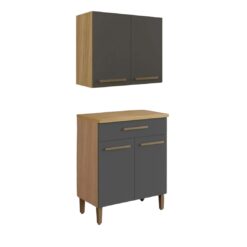 Kit Cozinha 2 peças Cristal Armário Aéreo 2 portas e Balcão - Cinamomo/Grafite - ATM