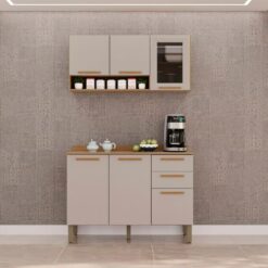 Kit Cozinha 2 Peças New Valência Aéreo 3 portas Reflecta e Balcão - Cinamomo/Off White - Sallêto