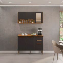 Kit Cozinha 2 Peças New Valência Aéreo 3 portas Reflecta e Balcão - Carvalho / Cinamomo / Grafite  - Sallêto