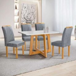 Conjunto Mesa de Jantar Retangular Dubai 120 x 80 Com 4 Cadeiras Cinza - Cinamomo/Off White - Cel Móveis