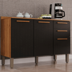 Balcão com tampo 3 portas e 2 gavetas New Valência - Cinamomo/Preto - Sallêto