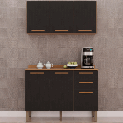 Kit Cozinha 2 Peças New Valência Aéreo 3 portas e Balcão - Cinamomo / Preto - Sallêto