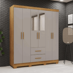 Guarda-roupa Casal 6 portas e 2 gavetas Com Espelho Estrela Premium - Cinamomo/Off White - Sallêto