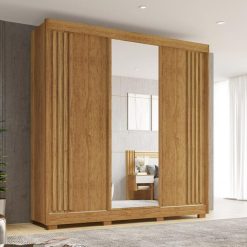 Guarda-Roupa Casal Ripado Atenas 3 Portas de Correr com pés 1 Espelho - Cinamomo - Sallêto