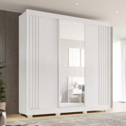 Guarda-Roupa Casal Ripado Atenas 3 Portas de Correr com pés 1 Espelho  - Branco - Sallêto