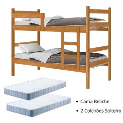 Cama Beliche Solteiro Porto - Nature - Gabrielli + 02 Colchão Solteiro Querubin Liso D20 -88 x 188 x 12 - Anjos Colchões