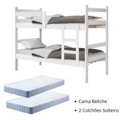 Cama Beliche Solteiro Porto - Branco - Gabrielli + 02 Colchão Solteiro Querubin Liso D20 -88 x 188 x 12 - Anjos Colchões