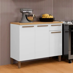 Balcão com tampo 3 portas 1 gaveta Classico Cristal - Branco - ATM