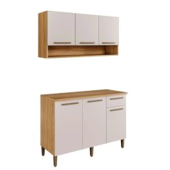 Kit Cozinha 2 peças New Master Armário Aéreo 3 portas e Balcão - Cinamomo/Off White - ATM