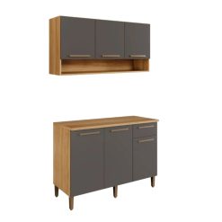 Kit Cozinha 2 peças New Master Armário Aéreo 3 portas e Balcão - Cinamomo/Grafite - ATM