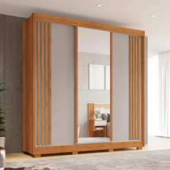 Guarda-Roupa Casal Ripado Atenas 3 Portas de Correr com pés 1 Espelho - Cinamomo/Off White - Sallêto