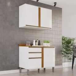 Kit Cozinha 2 Peças Pérola com Aéreo 2 porta e Balcão - Branco/Cinamomo - Sallêto