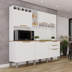 kit cozinha compacto 6 Portas 2 Gavetas New Topázio - Branco/Cinamomo - Sallêto