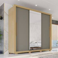 Guarda-Roupa Casal Com Espelho e Com pés 3 Portas de Correr Panamá Flex - Jequitibá/Granizo - Sallêto