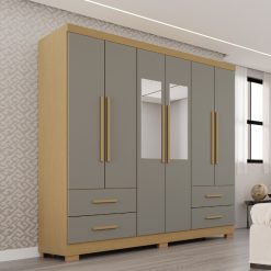 Guarda-roupa Casal 6 portas e 4 gavetas Com Espelho e Pés Texas Premium - Jequitibá/Granizo - Sallêto
