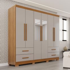 Guarda-roupa Casal 6 portas e 4 gavetas Com Espelho e Pés Texas Premium - Cinamomo/Off White - Sallêto