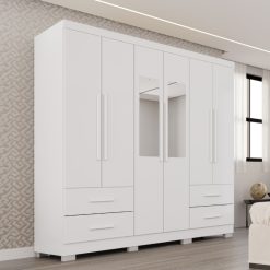 Guarda-roupa Casal 6 portas e 4 gavetas Com Espelho e Pés Texas Premium - Branco - Sallêto
