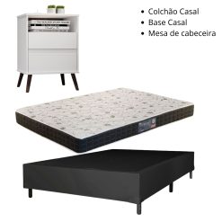 Kit Casal - Colchão Casal Pantanal Thierry D28 + Base Casal inteiro Corino Preto Dream + Mesa de Cabeceira Paris Branco