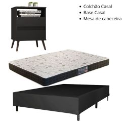 Kit Casal - Colchão Casal Pantanal Thierry D28 + Base Casal inteiro Corino Preto Dream + Mesa de Cabeceira Paris Preto