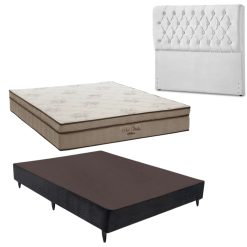 Kit Casal - Colchão Casal Pro Vida SuperPocket + Base Casal Camurça Preto + Cabeceira Barcelona Branco 138 x 188 x 60