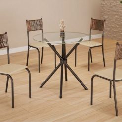 Conjunto de Mesa Tubular com 4 Cadeiras Creme Atlânta com Tampo de Vidro Redondo 75cm - TTX