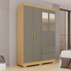 Guarda-roupa solteiro 4 portas e 2 gavetas Com Espelho Estrela Premium - Jequitibá/granizo - Sallêto