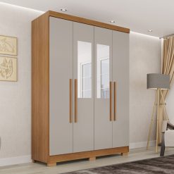 Guarda-Roupa Solteiro 4 Portas Com espelho Recife - Cinamomo/Off White - Sallêto