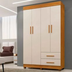Guarda-roupa solteiro 4 portas e 2 gavetas Com pés Copacabana - Cinamomo/Off White - BNT