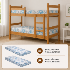 Cama Beliche Solteiro Porto - Nature - Gabrielli + 02 Colchão Solteiro Dream Soft  88 x 188 x 12 - Ortobom