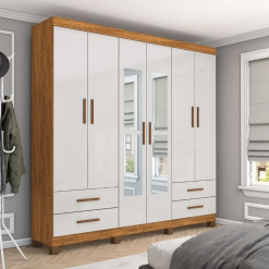 Guarda-roupa Casal 6 portas 4 gavetas Com espelho e pés Hércules - Cinamomo/Off White - CRM