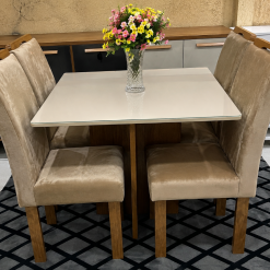 Conjunto Mesa de Jantar Quadrada Canto Copo Com Vidro Salinas Londres 90 x 90 Com 4 Cadeiras Bege - Cinamomo/Off White