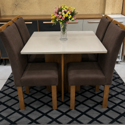Conjunto Mesa de Jantar Quadrada Canto Copo Com Vidro Salinas Londres 90 x 90 Com 4 Cadeiras Marrom - Cinamomo/Off White