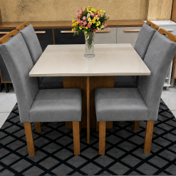 Conjunto Mesa de Jantar Quadrada Canto Copo Com Vidro Salinas Londres 90 x 90 Com 4 Cadeiras Cinza - Cinamomo/Off White