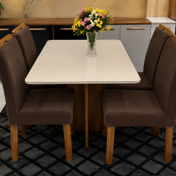 Conjunto Mesa de Jantar Retangular Canto Copo Com Vidro Salinas Londres 120 x80 Com 4 Cadeiras Marrom-Cinamomo/Off White