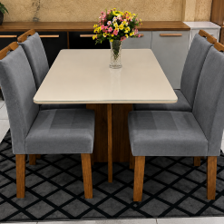 Conjunto Mesa de Jantar Retangular Canto Copo Com Vidro Salinas Londres 120 x 80 Com 4 Cadeiras Cinza-Cinamomo/Off White