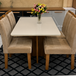 Conjunto Mesa de Jantar Retangular Canto Copo Com Vidro Salinas Londres 120 x 80 Com 4 Cadeiras Bege-Cinamomo/Off White