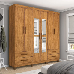 Guarda-roupa Casal 6 portas 4 gavetas Com espelho e pés Hércules - Cinamomo - CRM