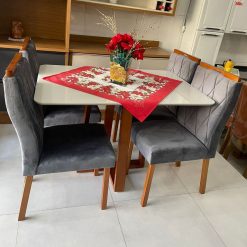 Conjunto Mesa de Jantar Retangular Lisboa 120 x 80 Com 4 Cadeiras Veludo Cinza - Tampo Off White - Art