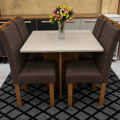 Conjunto Mesa de Jantar Quadrada Canto Copo Com Vidro Salinas Londres 90 x 90 Com 4 Cadeiras Marrom - Cinamomo/Off White