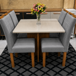 Conjunto Mesa de Jantar Quadrada Canto Copo Com Vidro Salinas Londres 90 x 90 Com 4 Cadeiras Cinza - Cinamomo/Off White